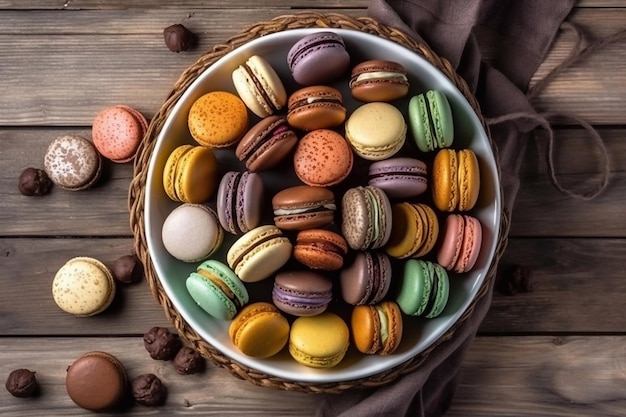 Amaretti colorati in una scatola di legno Dono Macarons Spazio di copia AI generativa