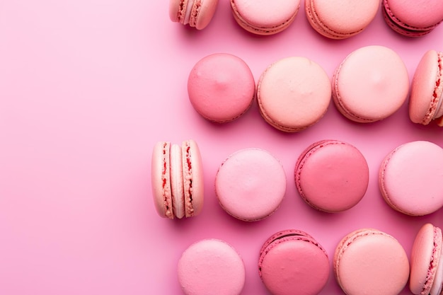 Amaretti rosa su uno sfondo rosa dolce, vista dall'alto con spazio per la copia