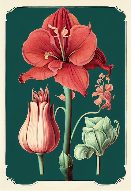 Amaryllis Flower Botanical Illustration Hippeastrum Pot Flowers Painting Abstract Generative AI Illustration