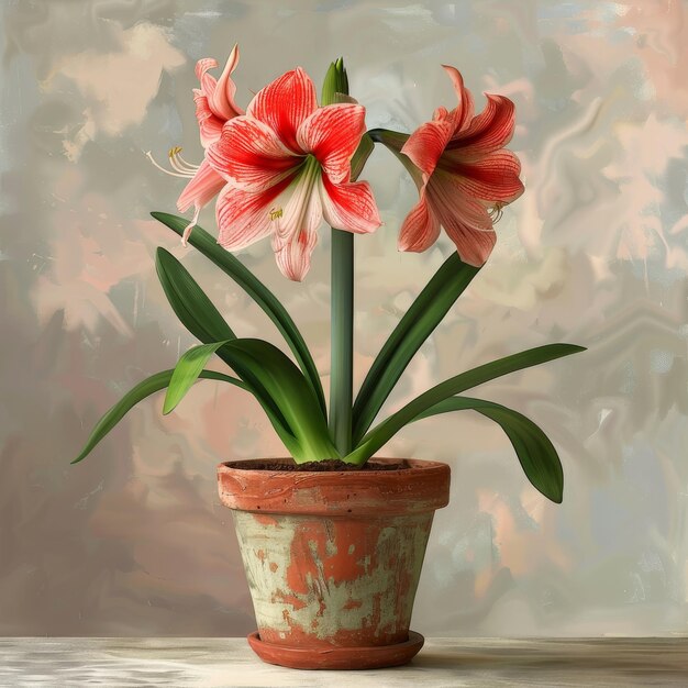 Amaryllis Flower Botanical Illustration Hippeastrum Pot Flowers Pittura realistica Amaryellis Botanical