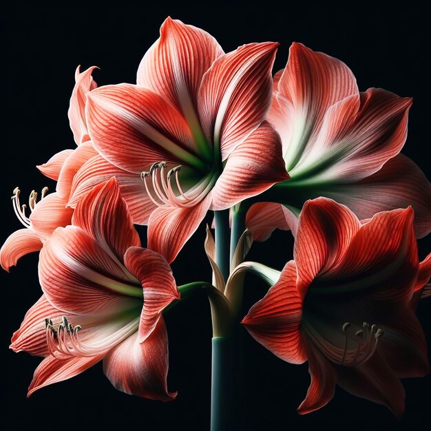 Amaryllis isolato su sfondo nero Fiori e piante in primavera generati dall'AI