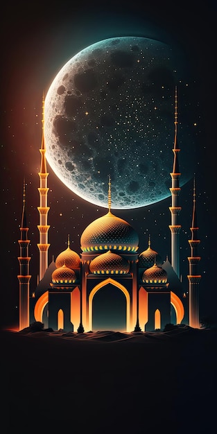 Amazing architettura design di moschea musulmana dorata luna pianeta ramadan mubarak concetto generativo AI luci brillanti