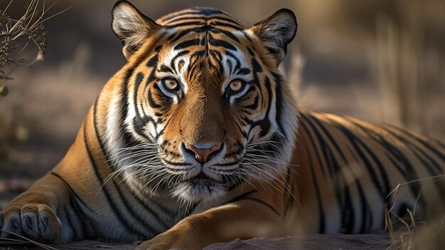 Amazing tiger pose during the golden light time Scena della fauna selvatica con animali pericolosi Estate calda e secca