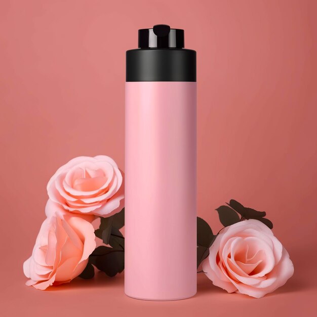 Amazon Product Picture Body Wash Cylinder Bottle Colore solido sfondo rosa con rose AI Generative