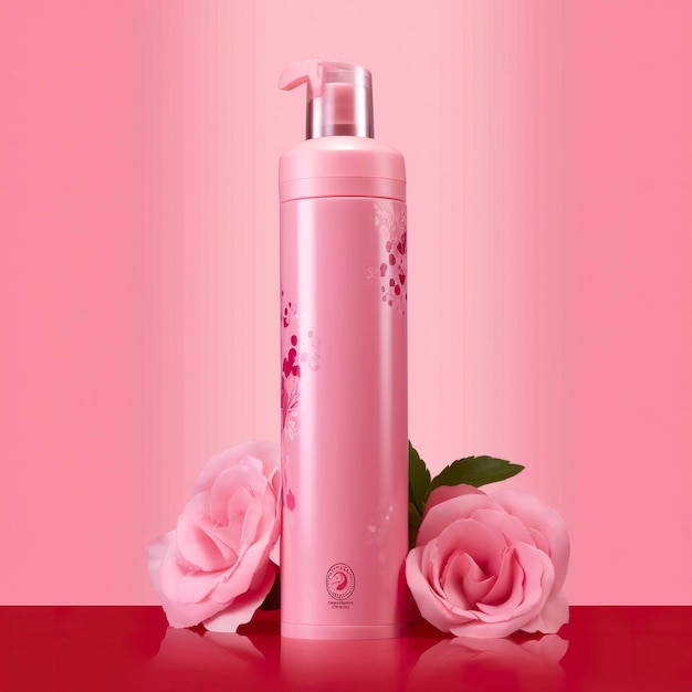 Amazon Product Picture Body Wash Cylinder Bottle Colore solido sfondo rosa con rose AI Generative