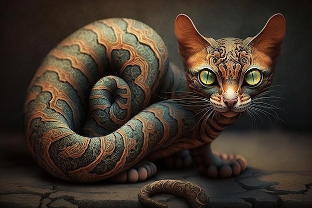 Amazzonia Gatto con il corpo di un serpente serpente illustrazione generativa ai