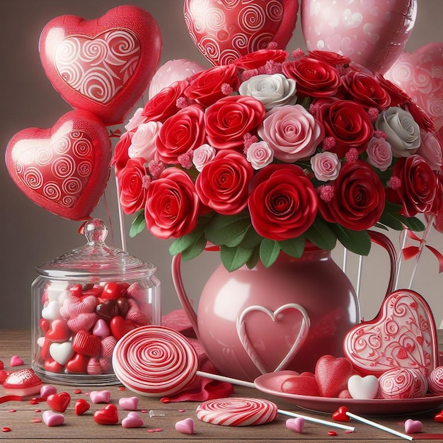 Ambientazione romantica con rose rosse in un vaso rosa Belle rose rosse sullo sfondo