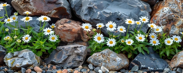 Ambientazione tranquilla del giardino con margherite bianche e un messaggio formato da rocce Concetto Giardino botanico Arranaggi floreali Fotografia creativa Natura Temi Arte vocale