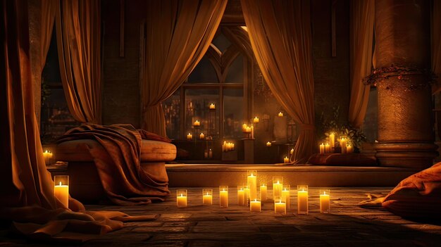 Ambiente accogliente illuminazione delicata ambientazione intima candele tremolanti che invitano al calore sereno e dorato generato da AI