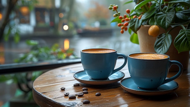 Ambiente accogliente in un caffè con due tazze di caffè sul tavolo
