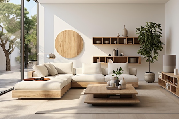 ambiente che include un divano bianco realizzato utilizzando strumenti di intelligenza artificiale generativa