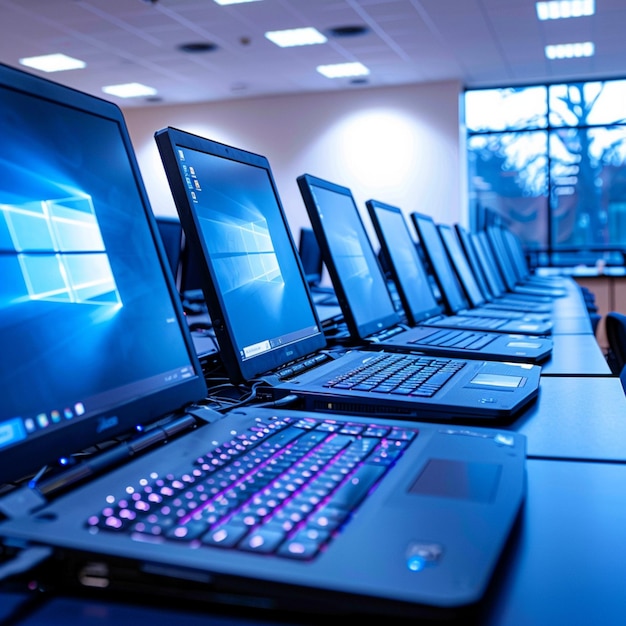 Ambiente di apprendimento organizzato Laptop disposti in modo ordinato nella sala di formazione per i social media