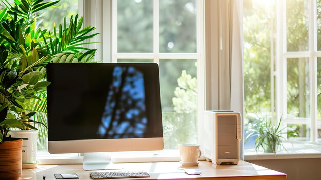 Ambiente di lavoro a distanza Scala elegante con computer e finestra