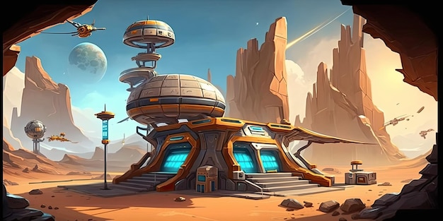 Ambiente di sfondo 2D Alien Planet per un gioco per cellulare nell'arena di battaglia Generativo ai