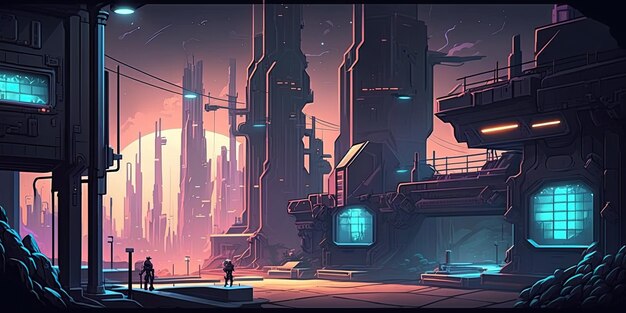 Ambiente di sfondo 2D Cyberpunk City per un gioco per cellulare nell'arena di battaglia Generativo ai