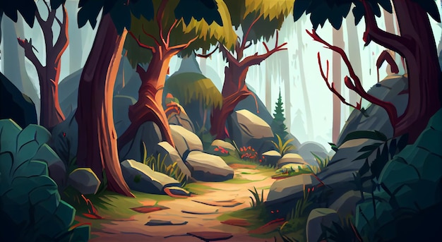 Ambiente di sfondo 2D della foresta per un gioco per dispositivi mobili Un paesaggio di sfondo orizzontale di alta qualità Posizione del design del modello di gioco Generativo ai