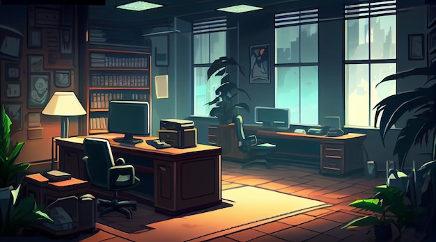 Ambiente di sfondo 2D di Office per un gioco per dispositivi mobili Un paesaggio di sfondo orizzontale di alta qualità Posizione di progettazione del modello di gioco Generativo ai