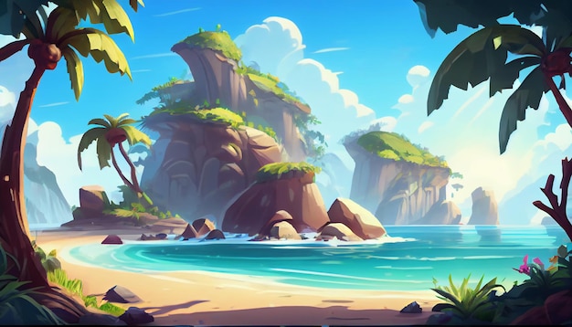 Ambiente di sfondo 2D di Paradise Island per un gioco per dispositivi mobili Un paesaggio di sfondo orizzontale di alta qualità Posizione di progettazione del modello di gioco Generativo ai