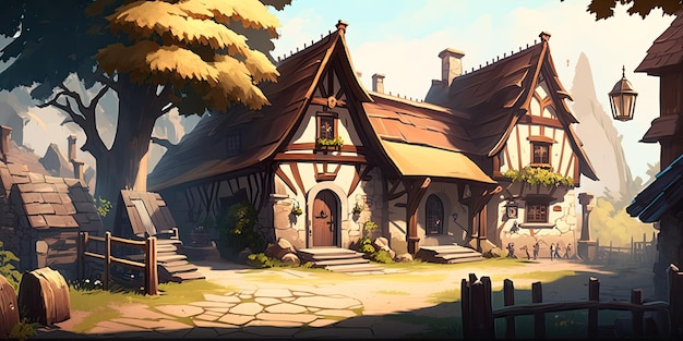 Ambiente di sfondo del villaggio medievale 2D per un gioco per cellulare nell'arena di battaglia Generativo ai