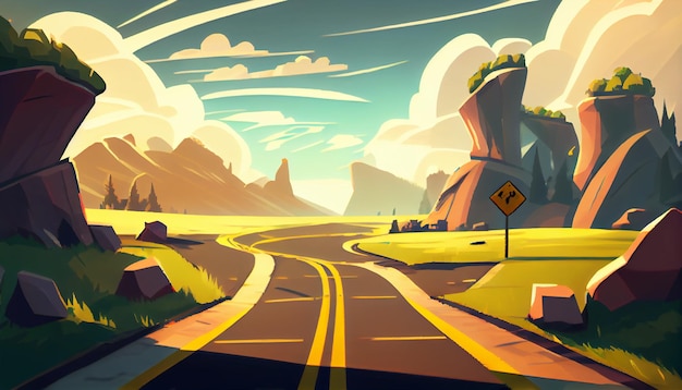Ambiente di sfondo Road 2D per un gioco per dispositivi mobili Un paesaggio di sfondo orizzontale di alta qualità Posizione di progettazione del modello di gioco Generativo ai
