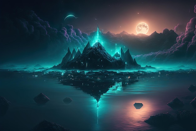 Ambiente fantasy notturno astratto con criptovaluta piramidale dell'isola e fulmini