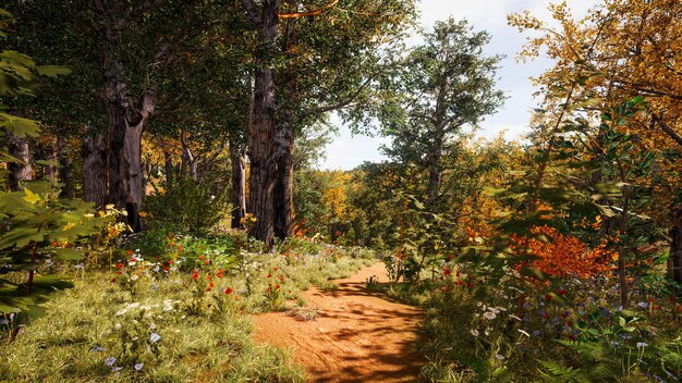 Ambiente forestale in autunno rendering 3d