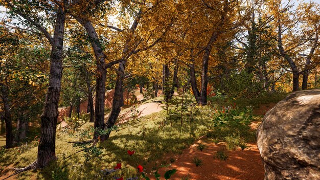 Ambiente forestale in autunno rendering 3d