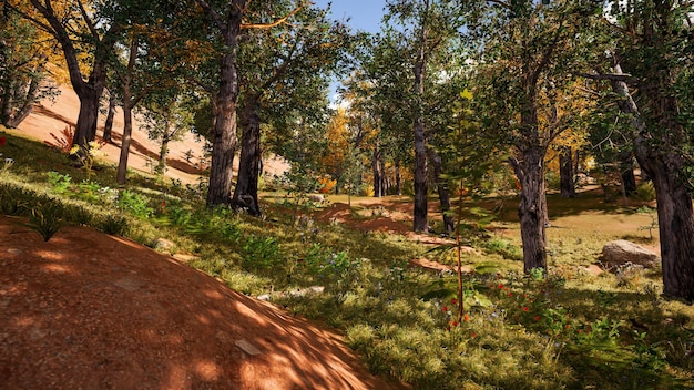 Ambiente forestale in autunno rendering 3d