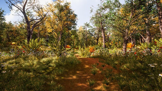 Ambiente forestale in autunno rendering 3d