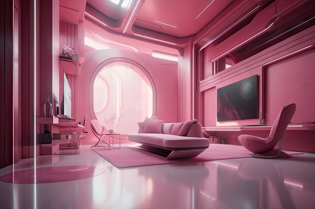 Ambiente futuristico rosa con elementi di design eleganti ed eleganti per un look chic e moderno