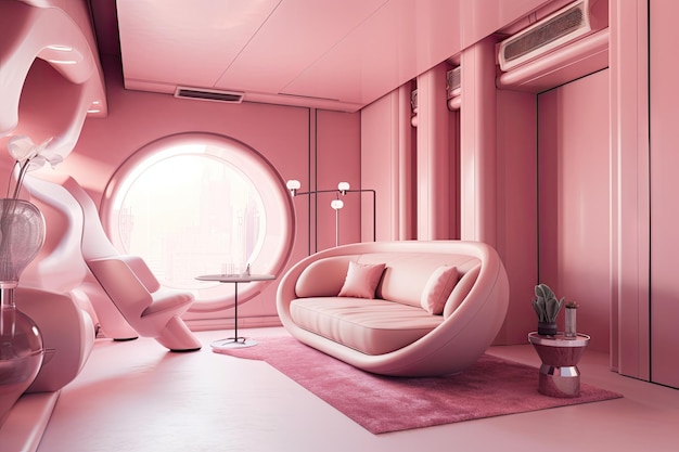 Ambiente futuristico rosa con elementi di design eleganti ed eleganti per un look chic e moderno