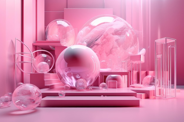 Ambiente futuristico rosa con immagini olografiche fluttuanti e forme create con intelligenza artificiale generativa