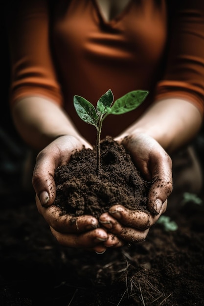 Ambiente Giornata della Terra Tra le sue due mani c'è il suolo e l'alberello Concetto di natura ambientale