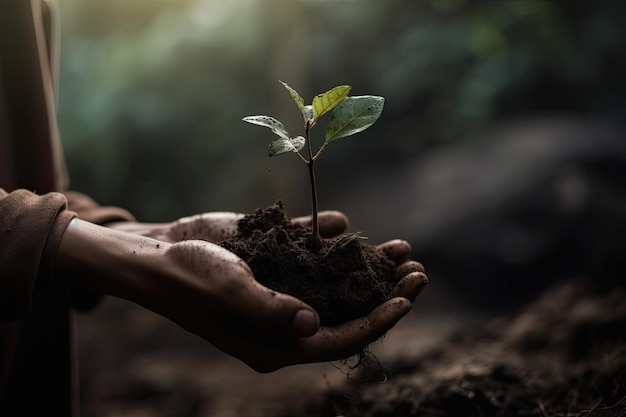 Ambiente Giornata della Terra Tra le sue due mani c'è il suolo e l'alberello Concetto di natura ambientale