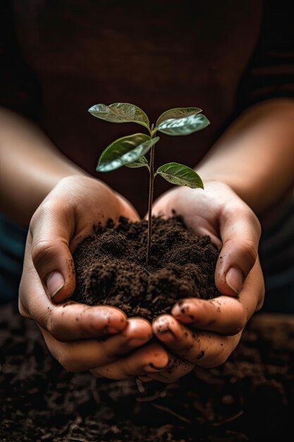 Ambiente Giornata della Terra Tra le sue due mani c'è il suolo e l'alberello Concetto di natura ambientale