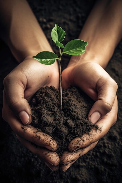 Ambiente Giornata della Terra Tra le sue due mani c'è il suolo e l'alberello Concetto di natura ambientale