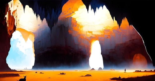 Ambiente in grotta di cristallo, tunnel Myetery fantasy sotterraneo di Dungeon Den. IA generativa