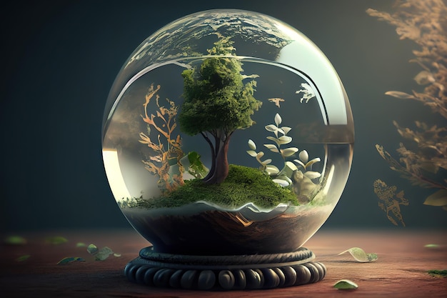 Ambiente mondiale e concetto di giornata della terra con globo di vetro e ambiente ecologico