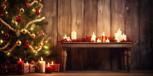 Ambiente natalizio accogliente a casa con candele su un tavolo di legno accanto a un albero decorato