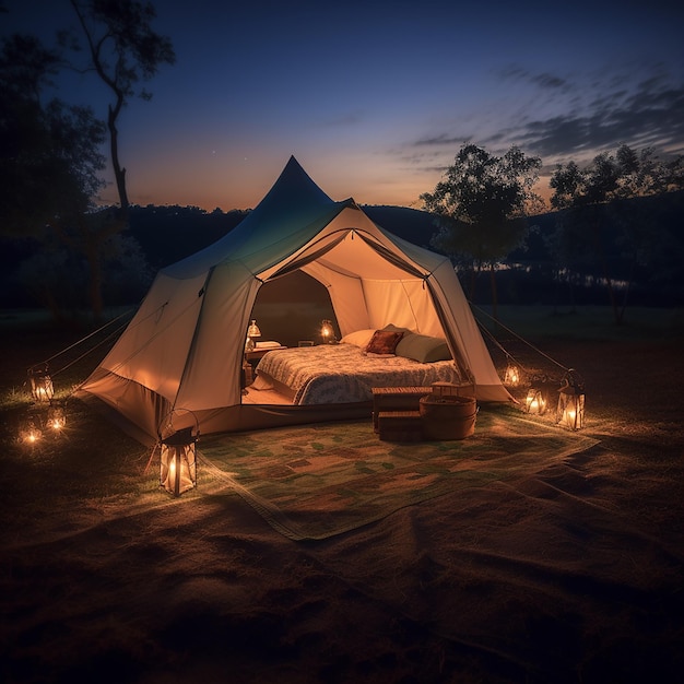 Ambiente notturno del campeggio Luce calda che illumina la tenda all'aperto