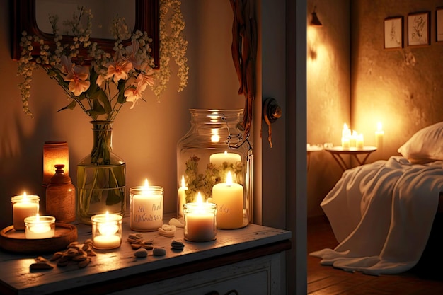 Ambiente romantico con fiori e luce in camera da letto con candele bagno con candele create con g