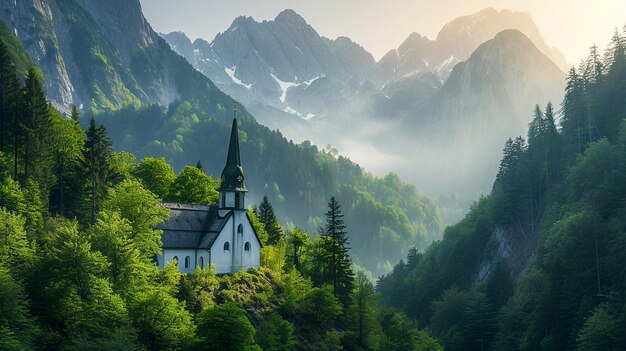 ambiente sereno e pacifico piccola chiesa annidata in mezzo alla verdura lussureggiante alta montagna