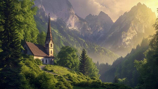 ambiente sereno e pacifico piccola chiesa annidata in mezzo alla verdura lussureggiante alta montagna