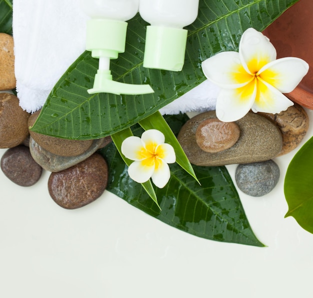 Ambiente spa o benessere con fiori tropicali lascia asciugamano e tubo crema