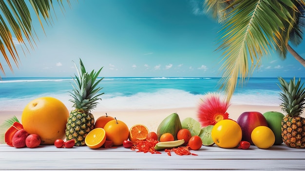 Ambiente tropicale con assortimento di dolci frutti esotici e sfondo dell'oceano