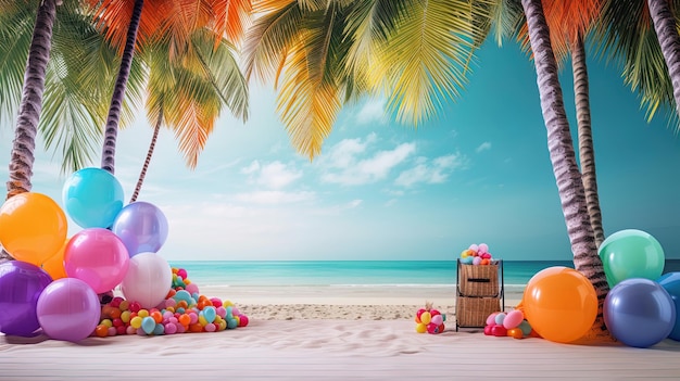 Ambiente tropicale con palloncini e sfondo spiaggia e oceano