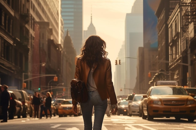 Ambiente urbano dove una donna in abiti alla moda cammina tra gli edifici delle grandi città