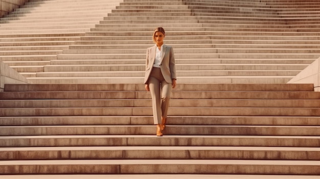 Ambiziosa donna d'affari in giacca e cravatta che sale le scale verso il successo