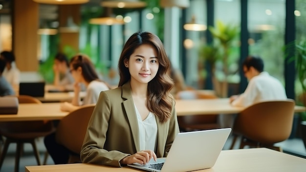 Ambizioso professionista femminile asiatico al lavoro in un ufficio moderno