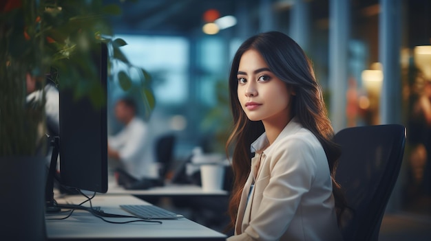 Ambizioso professionista femminile asiatico al lavoro in un ufficio moderno